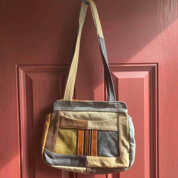 Leather Shoulder Bag Brown Multicolor Neutrals Patchwork Retro Boho Artsy Groovy - Picture 1 of 11